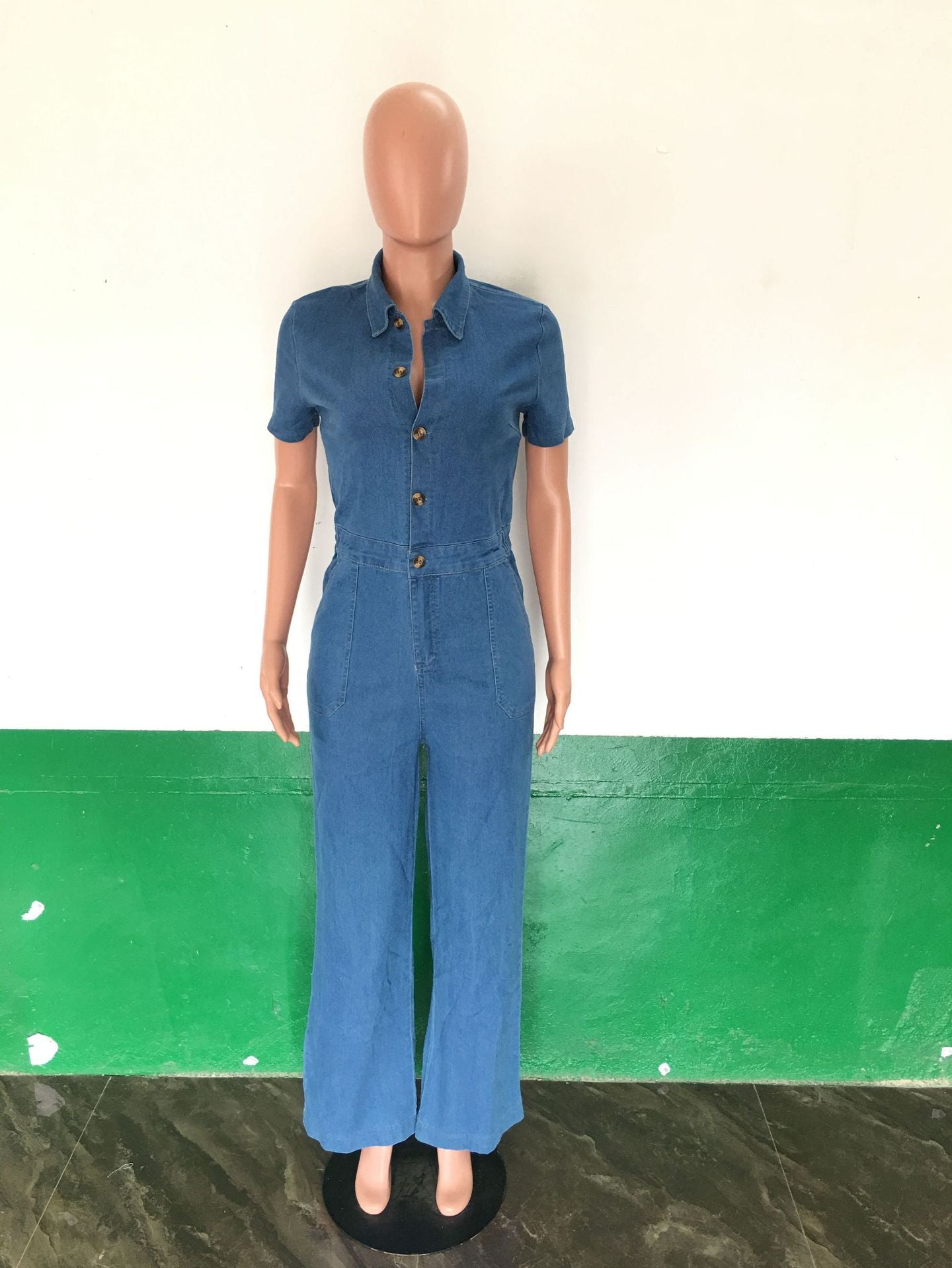 Sexy Fashion Denim Short Sleeve Wide Leg Jumpsuit 8