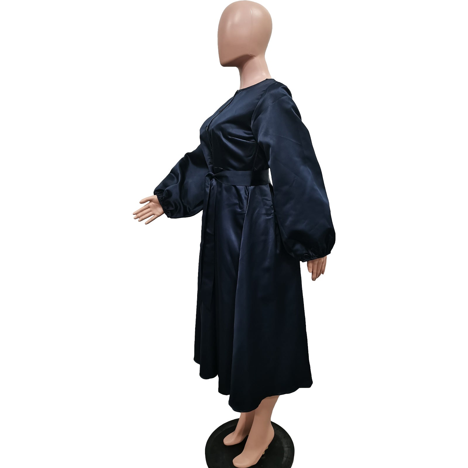 Women Solid Loose Buttoned Balloon Sleeve Dress 12