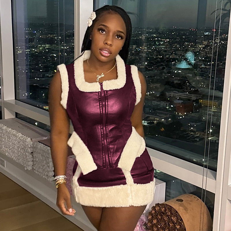 Women zipper fur edge patchwork pu-leather top and skirt two-piece set