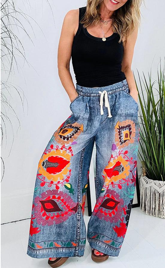 Spring Summer Style Lace Print Pocket Loose Casual Pants For Women 8
