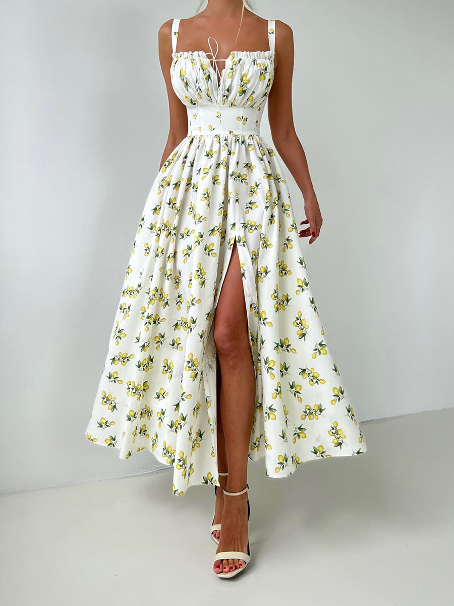 Women's Summer Printed Straps Slim Slit Long Dress