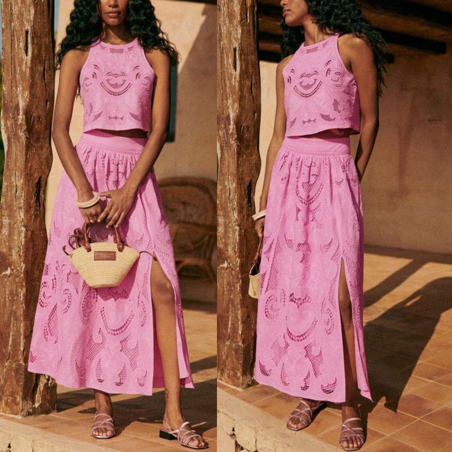 Sleeveless Hollow Casual Loose Holidays Split Two Piece Skirt Set