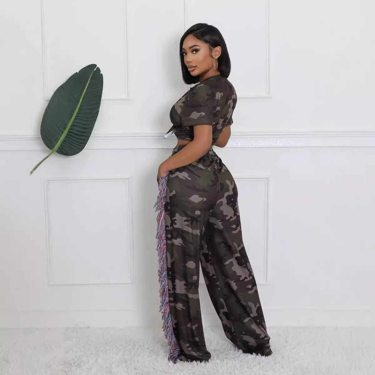 Sexy Camouflage Crop Top High Waist Tassel Pocket Wide Leg Pants Two Piece Set 4