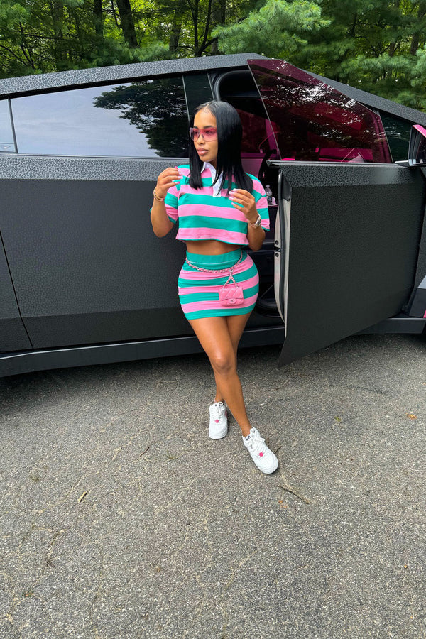 Women Autumn Contrast Striped Shirt Collar Crop Top and Skirt Two-Piece Set 13