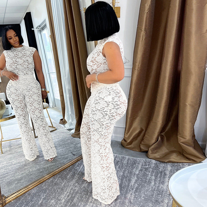 Women Sexy See-Through Lace Patchwork Bodysuit, Bell Bottom, Two-Piece Set 3