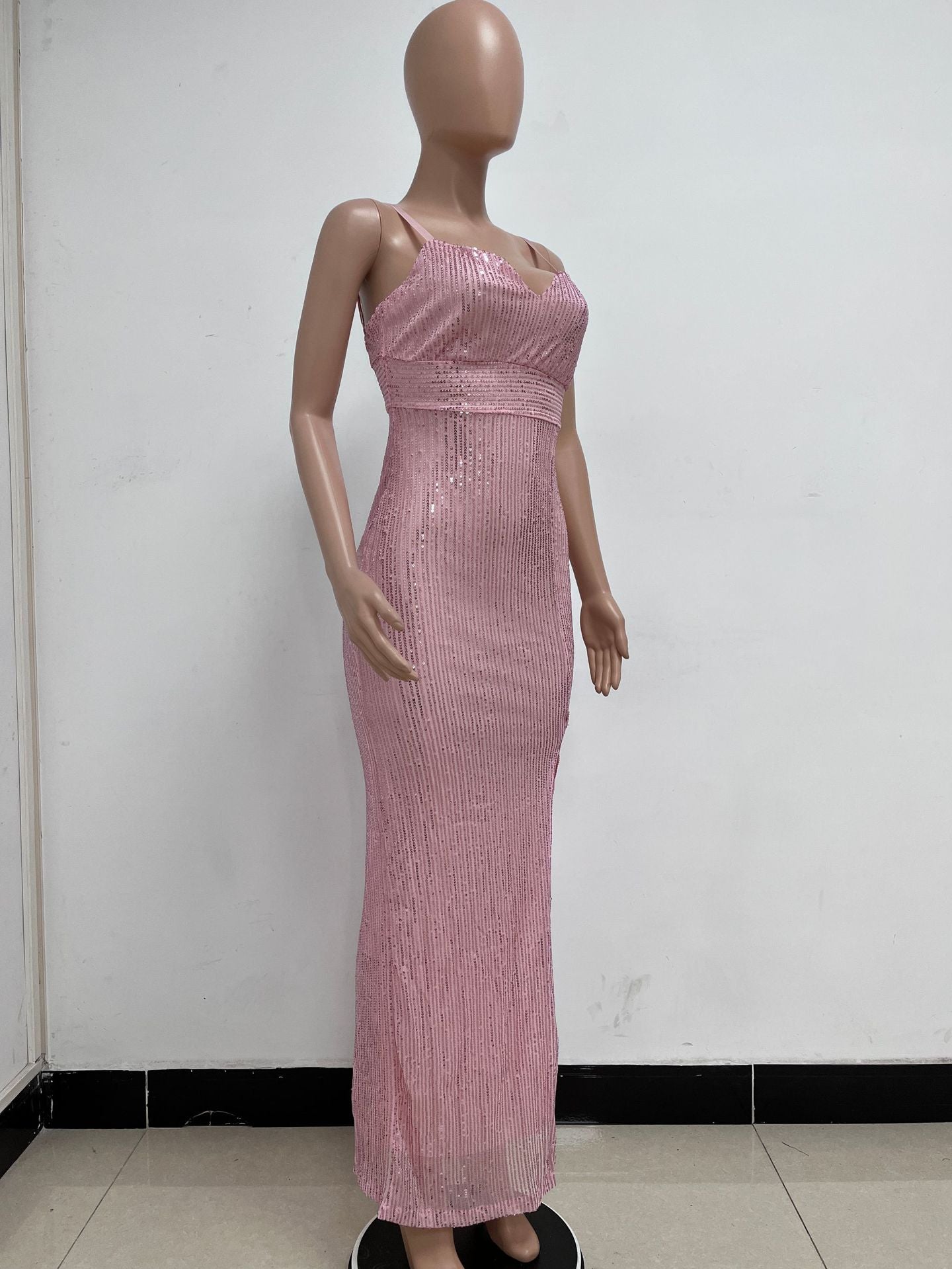 Women's Summer Slit Low Back Dress Sequined Sleeveless Suspender Dress 48