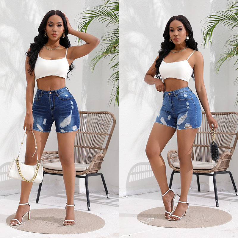 Summer Women's High Waisted Slim Fit Stretch Ripped Denim Shorts 5