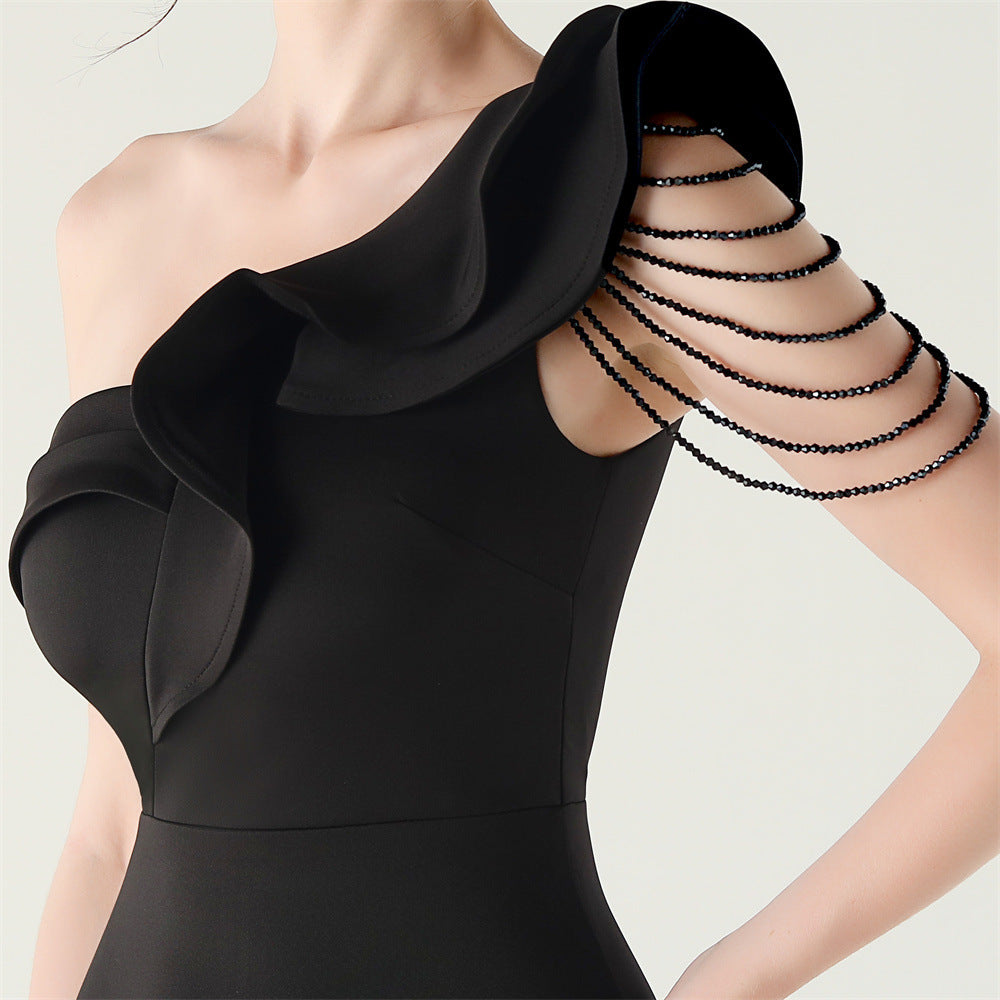 Women ruffled one-shoulder beaded fishtail formal party evening dress 28