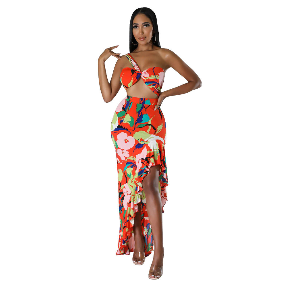 Women Summer Top and Ruffled Slit Skirt Two-piece Set 4