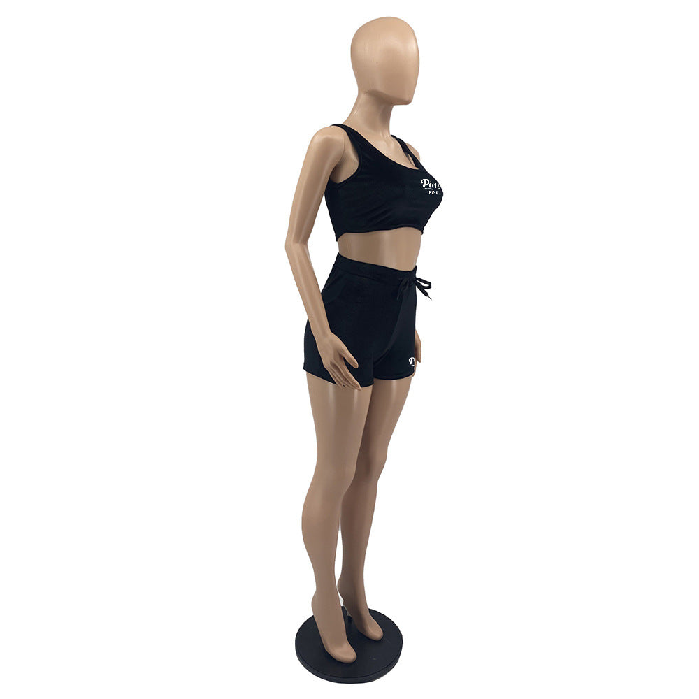 Women Clothes Print Velvet Crop Tank Top Shorts Two Piece Set 19