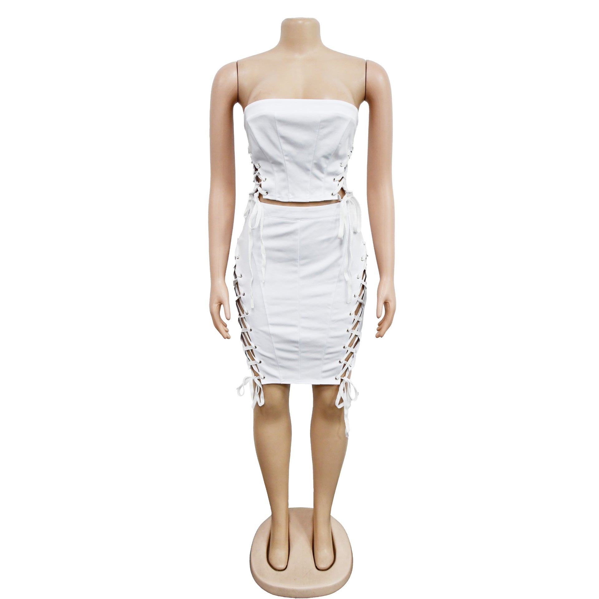 Ladies Solid Color Rope Zipper Sleeveless Skirt Two-Piece Set 11