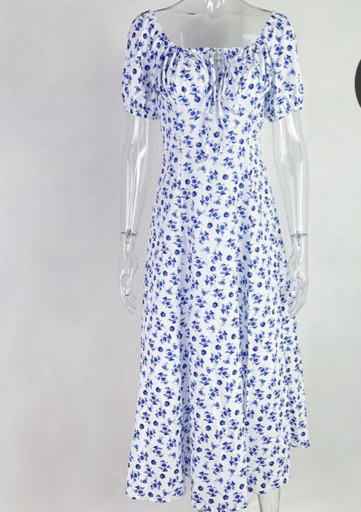 Women Spring Printed French Floral Backless Suspender Slit Dress 32