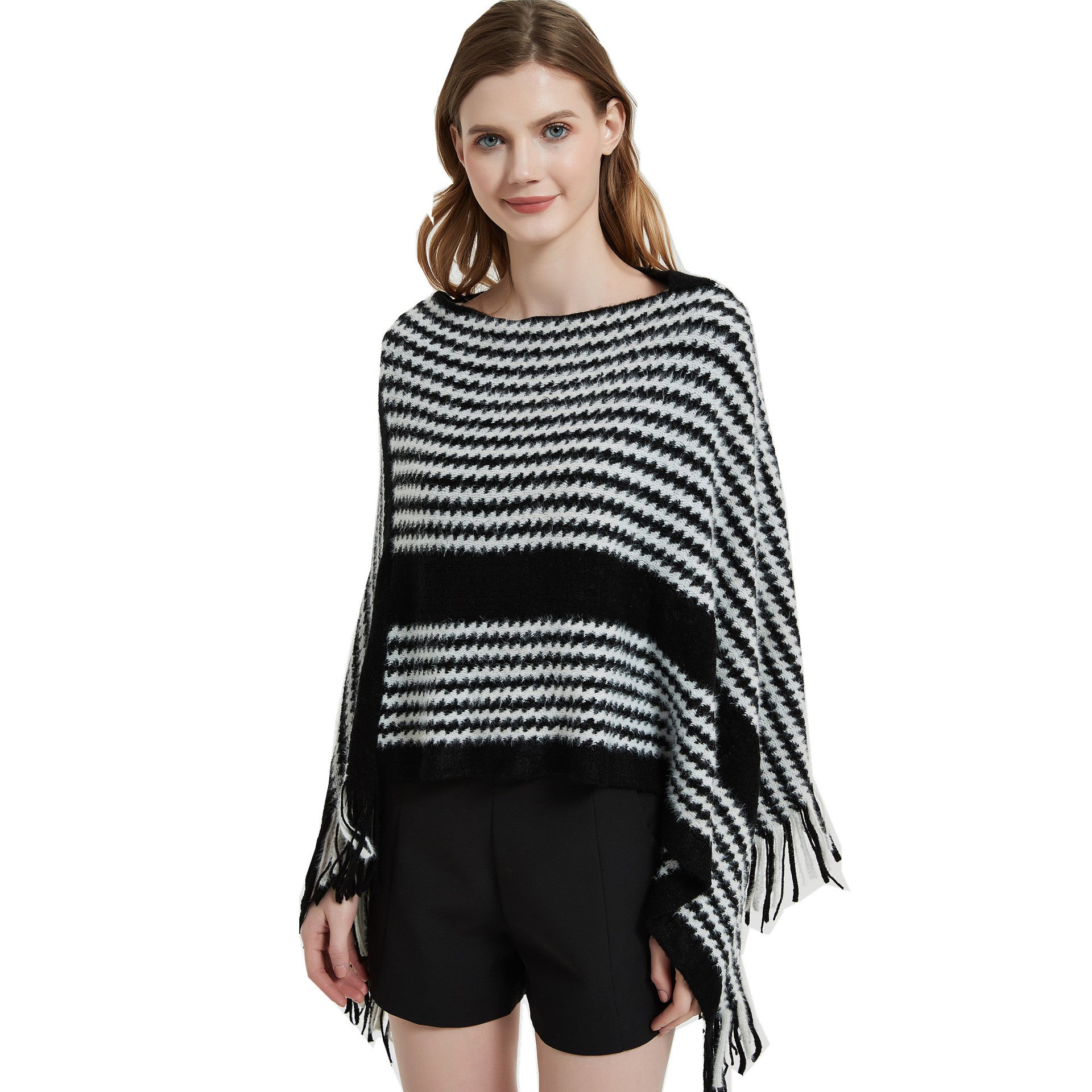 Women winter bat sleeve black striped knitting shawl sweater 12