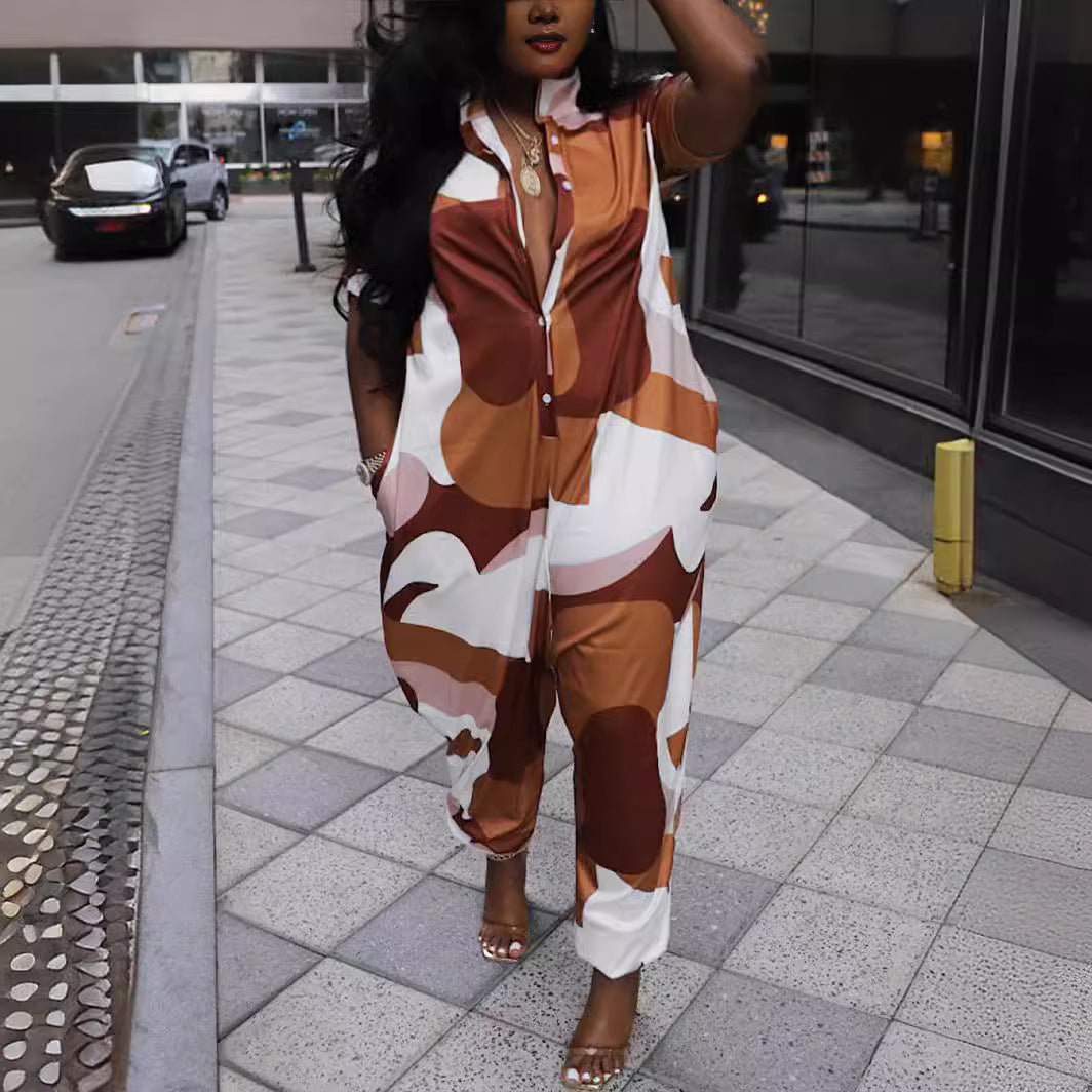 Summer Plus Size Turndown Collar Loose One-Piece Irregular Print Sexy Jumpsuit 3