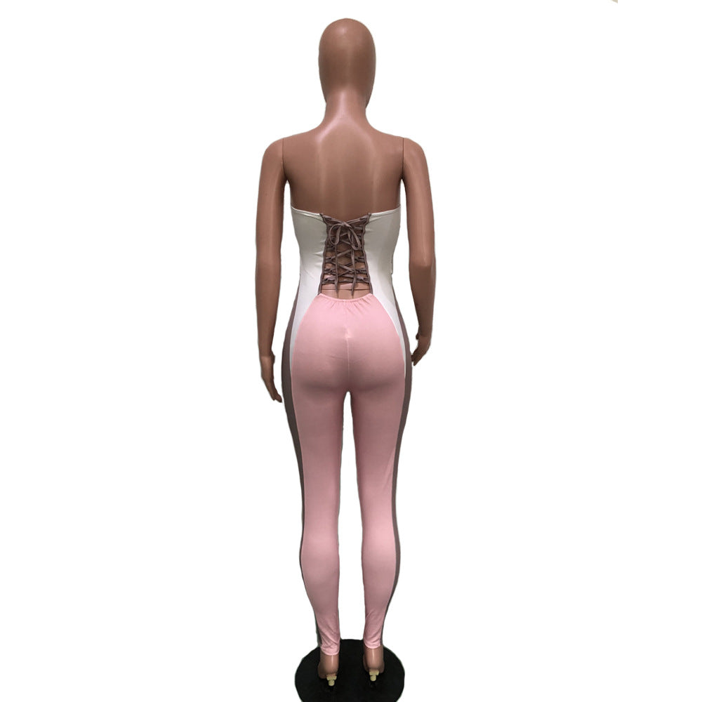 Women's Sexy Print Lace-Up Hollow Waist Strapless Jumpsuit 13