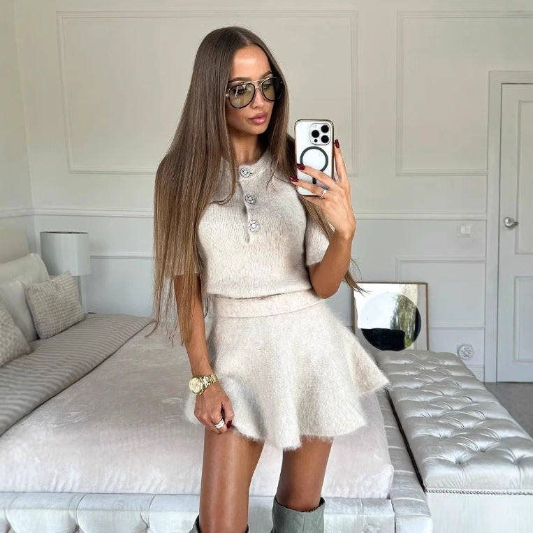 Women's Round Neck Short-Sleeved Knitting Shirt Mini Skirt Two-Piece Set 4