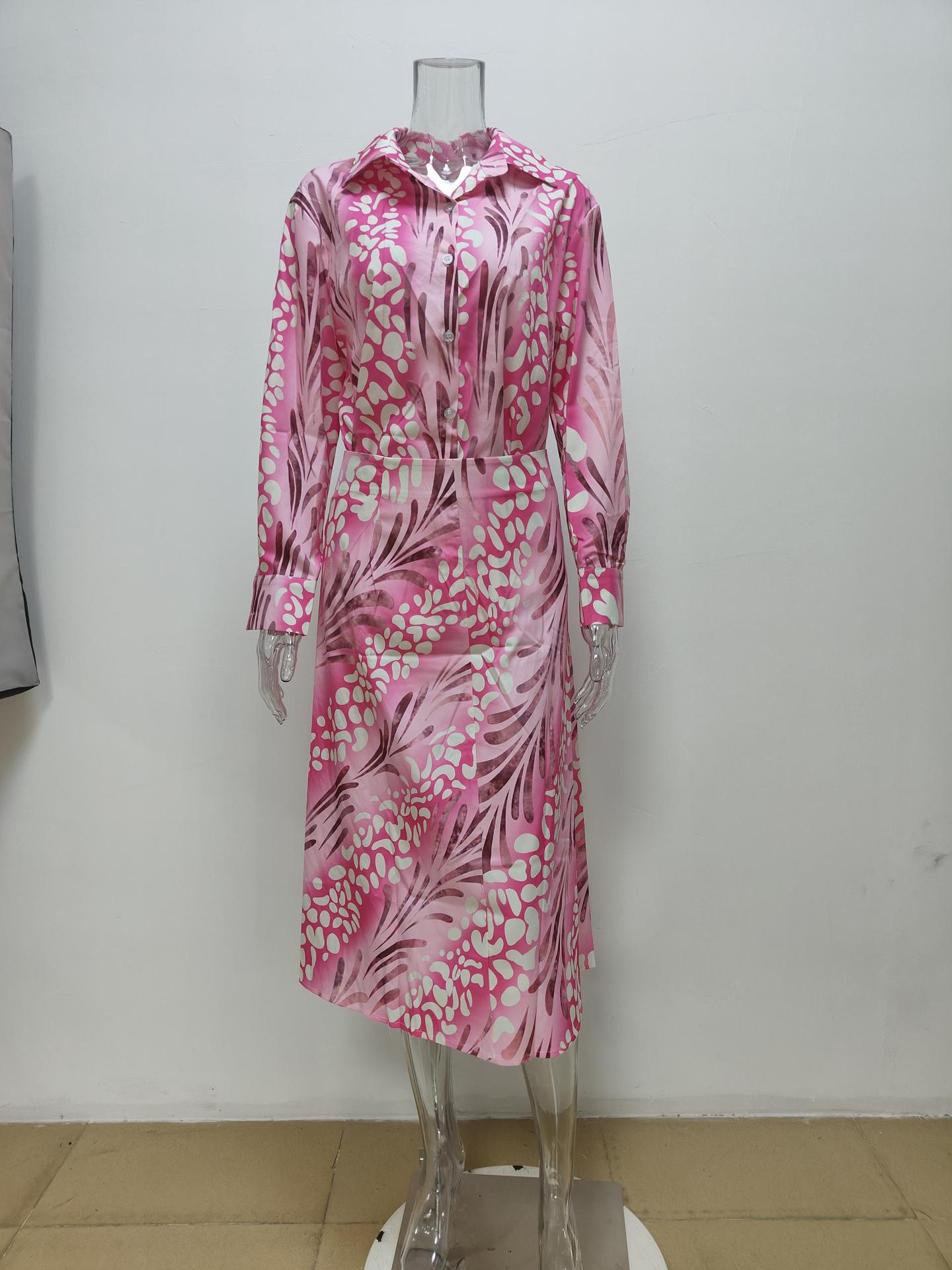 Autumn women's elegant print Turndown Collar long-sleeved shirt high waist skirt fashion two piece set 13