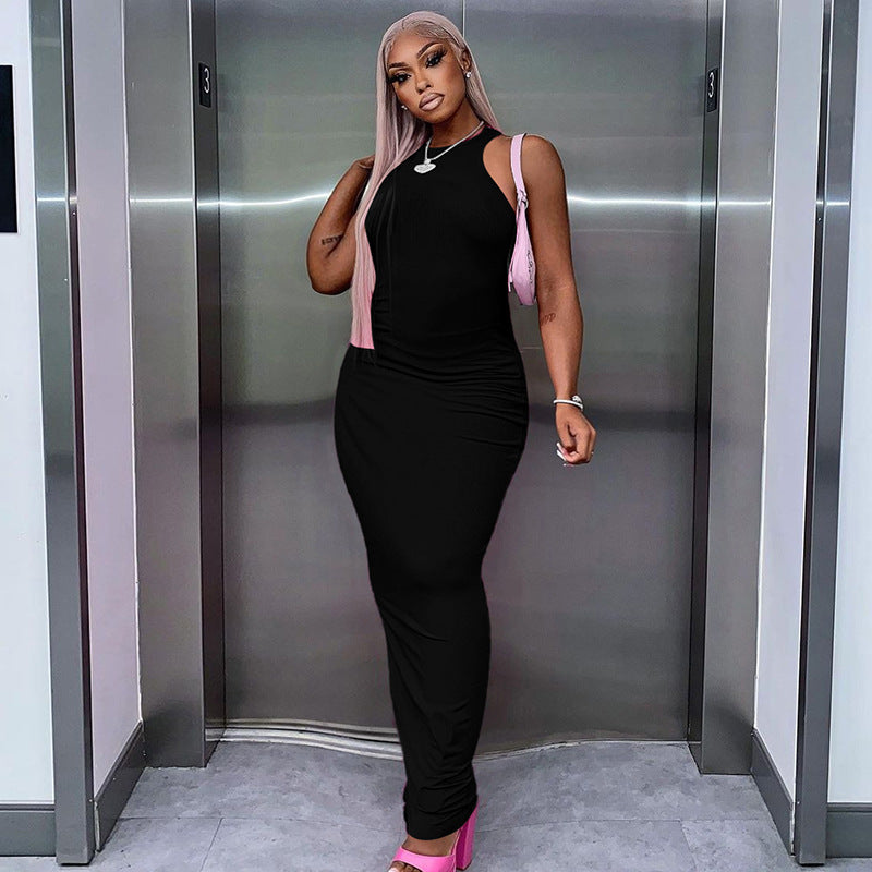 Plus Size Women's Summer Sexy Round Neck Solid Color Sleeveless Bodycon Dress