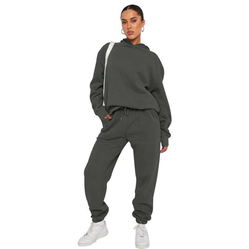 Fall Winter Solid Color Hooded Tracksuit Long Sleeve Hoodies Women's Fashion Casual Pant Two Piece Set 21