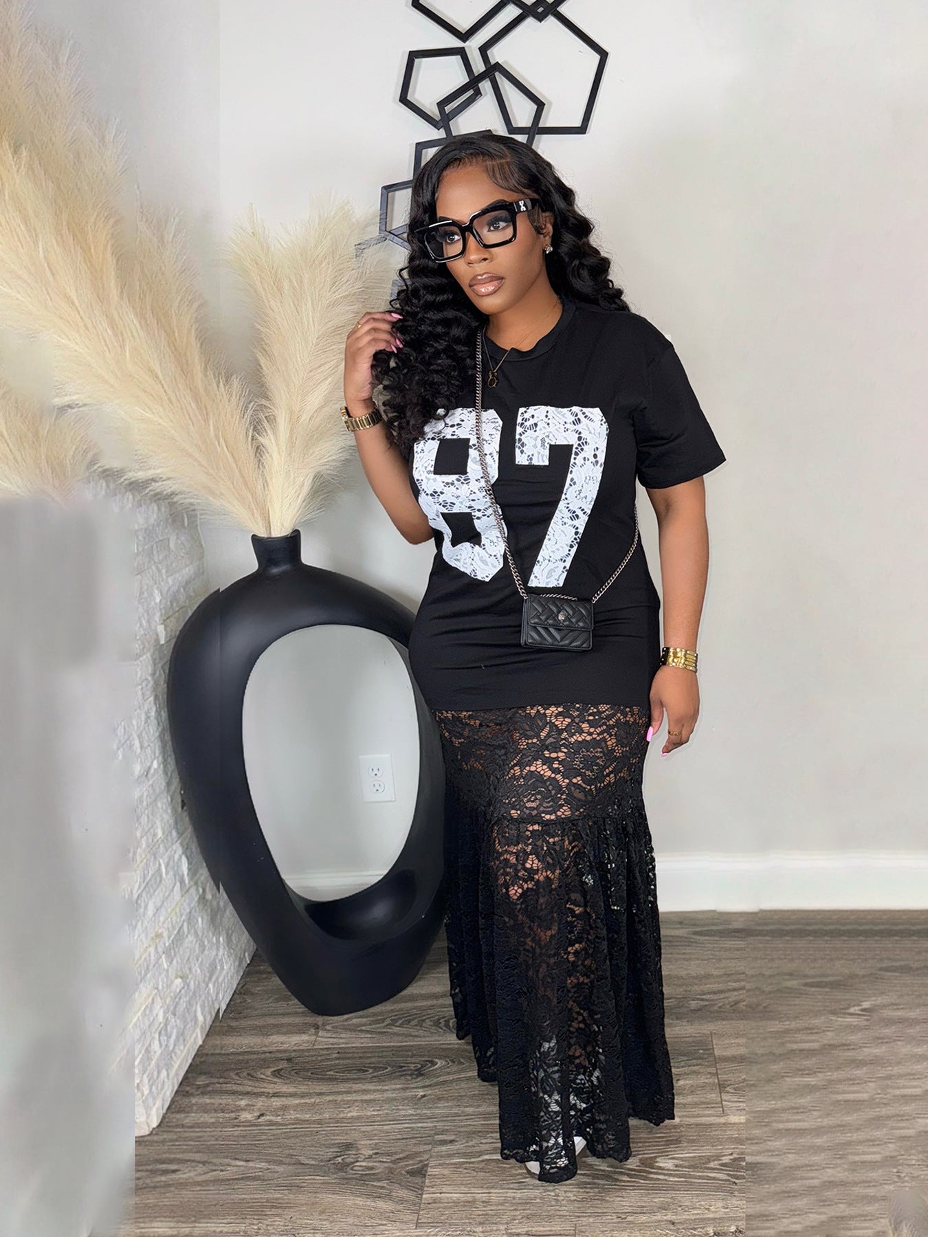 Lady's Round Neck Letter Print Lace Dress 3