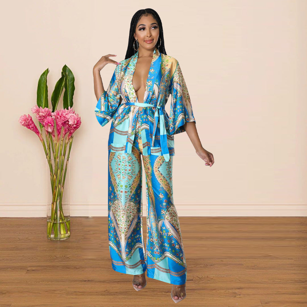 Women Long Sleeve Printed Top + Wide Leg Pants Two Piece Set 10