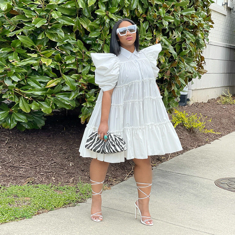 Spring/Summer Retro Court Style Pleated Puff Sleeve Loose Women Dress 3