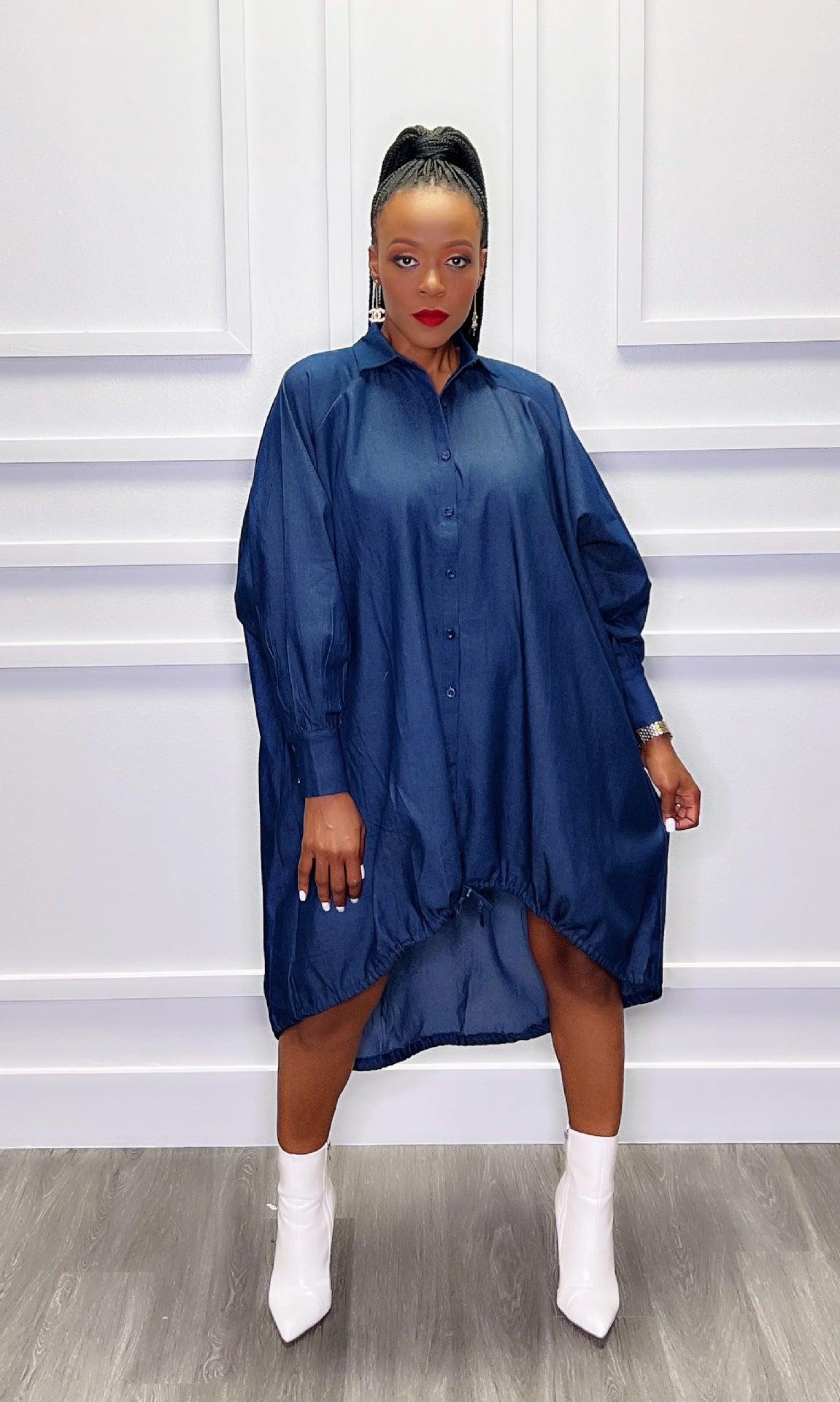 Women Turn Down Long Sleeve Loose Denim Dress 6