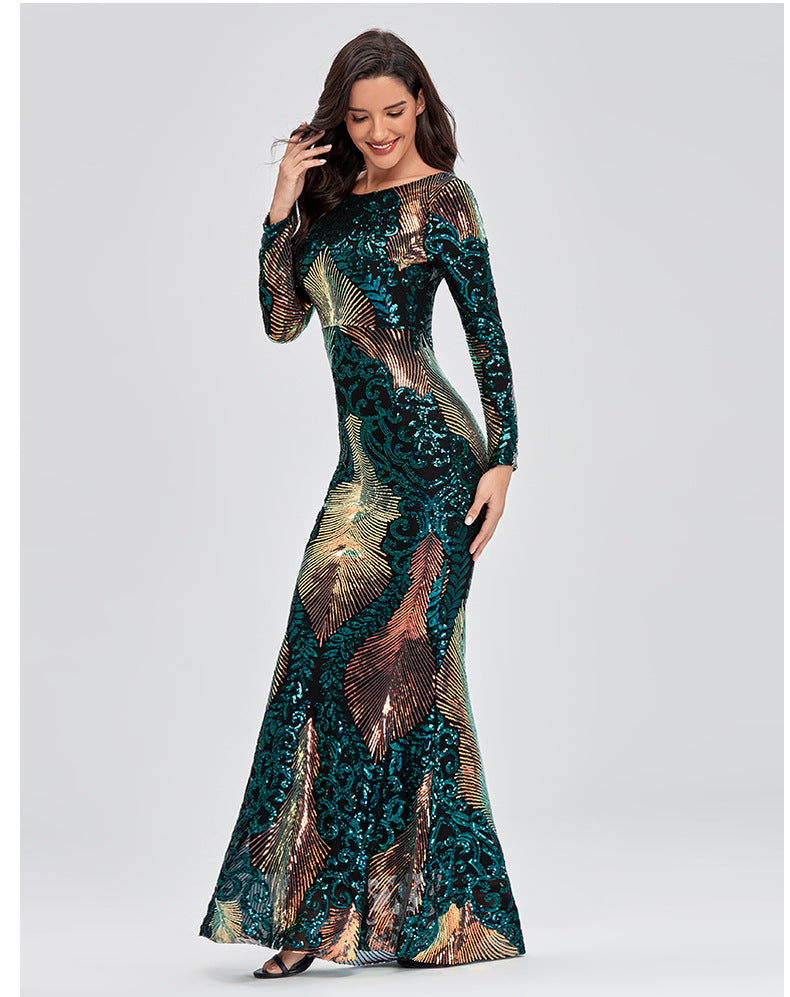 Plus Size Women Stretch Elegant Long Sleeve Round Neck Backless Sequined Mermaid Evening Gown 4