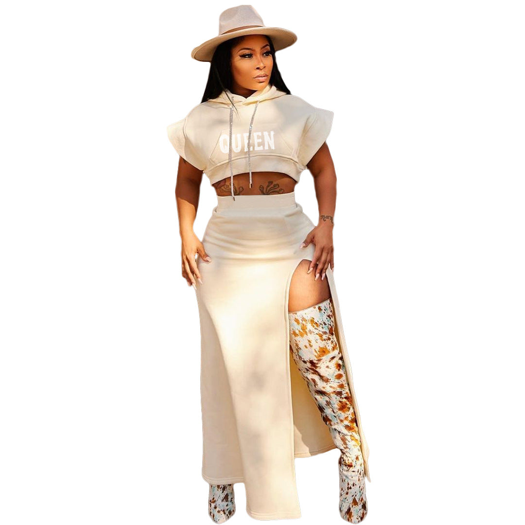 Plus Size Casual Women'S Beaded Short Sleeve Hoodies Slit Maxi Skirt Two-Piece Set 8