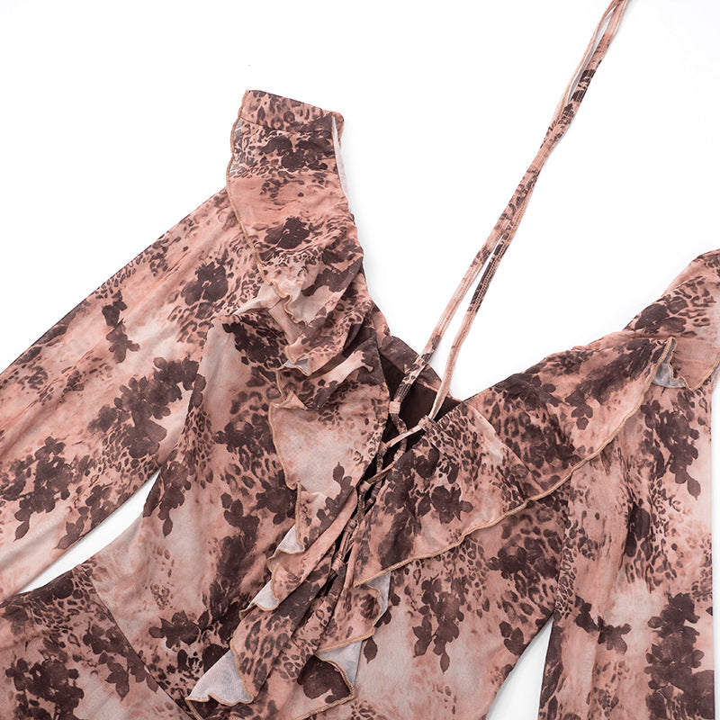 Women Summer/Autumn Ruffled Collar Long-Sleeved Mesh Leopard Print Off-The-Shoulder Pleated Dress 21