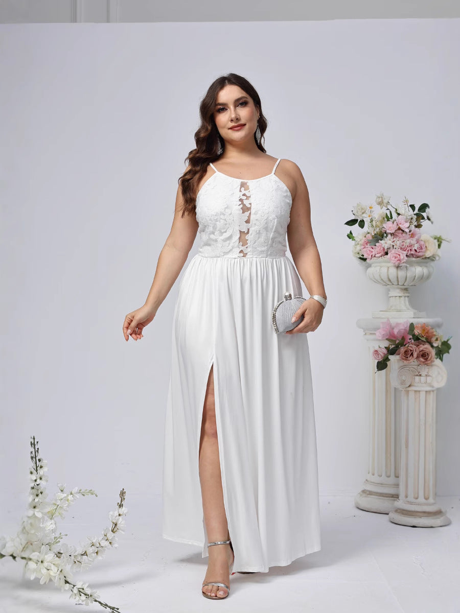 Plus Size Women Solid Sling Backless Slit Dress 5