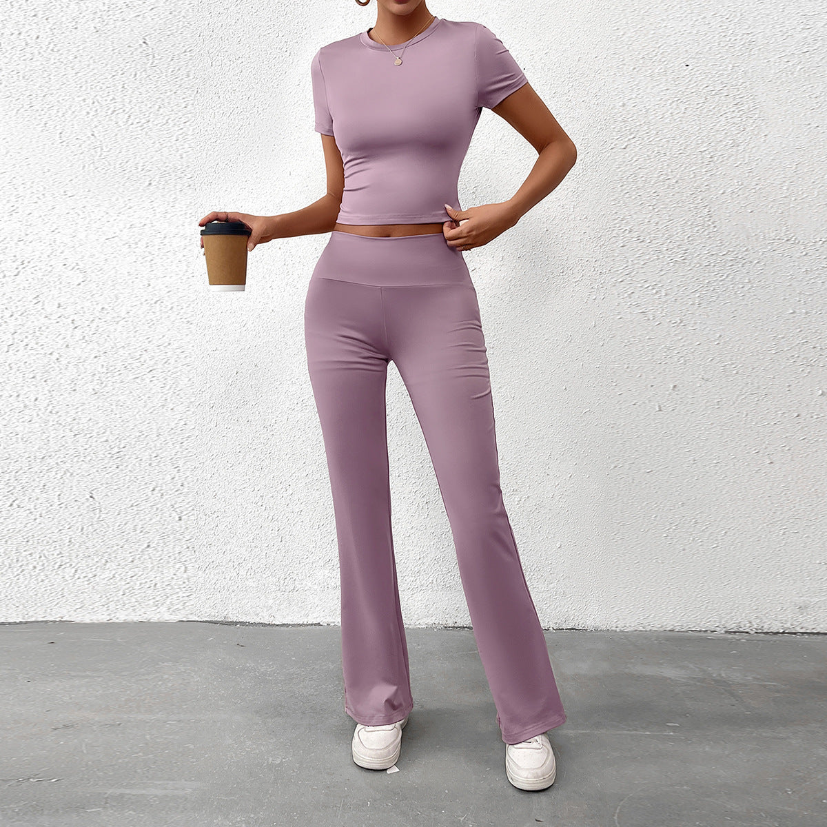 Women Summer Solid Casual Crop Top and Pant Two-piece Set 7