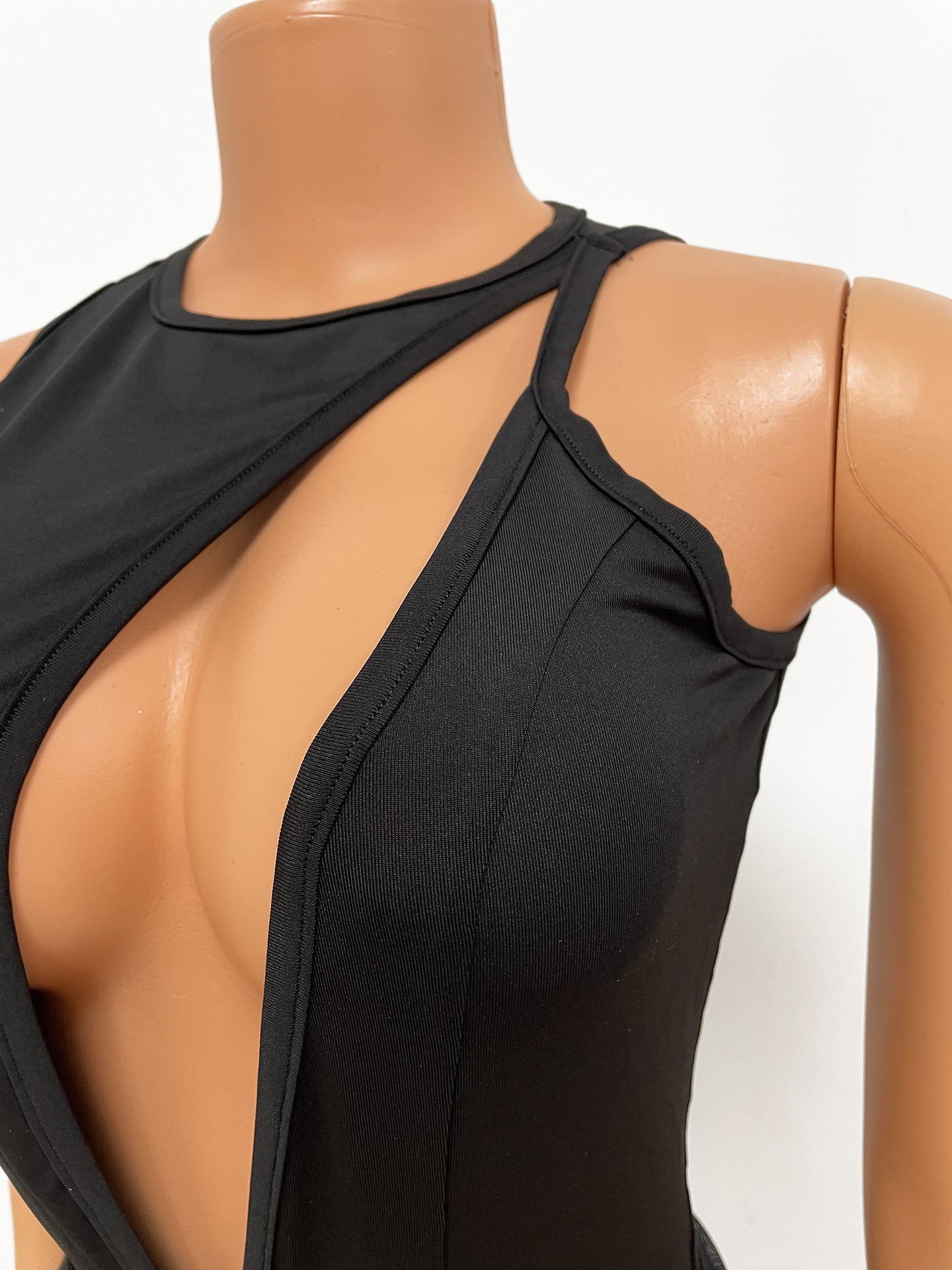 Women's Fashion Sexy Sleeveless Hollow Bodysuit Mesh See-Through ruched pants Ladies two piece set 14