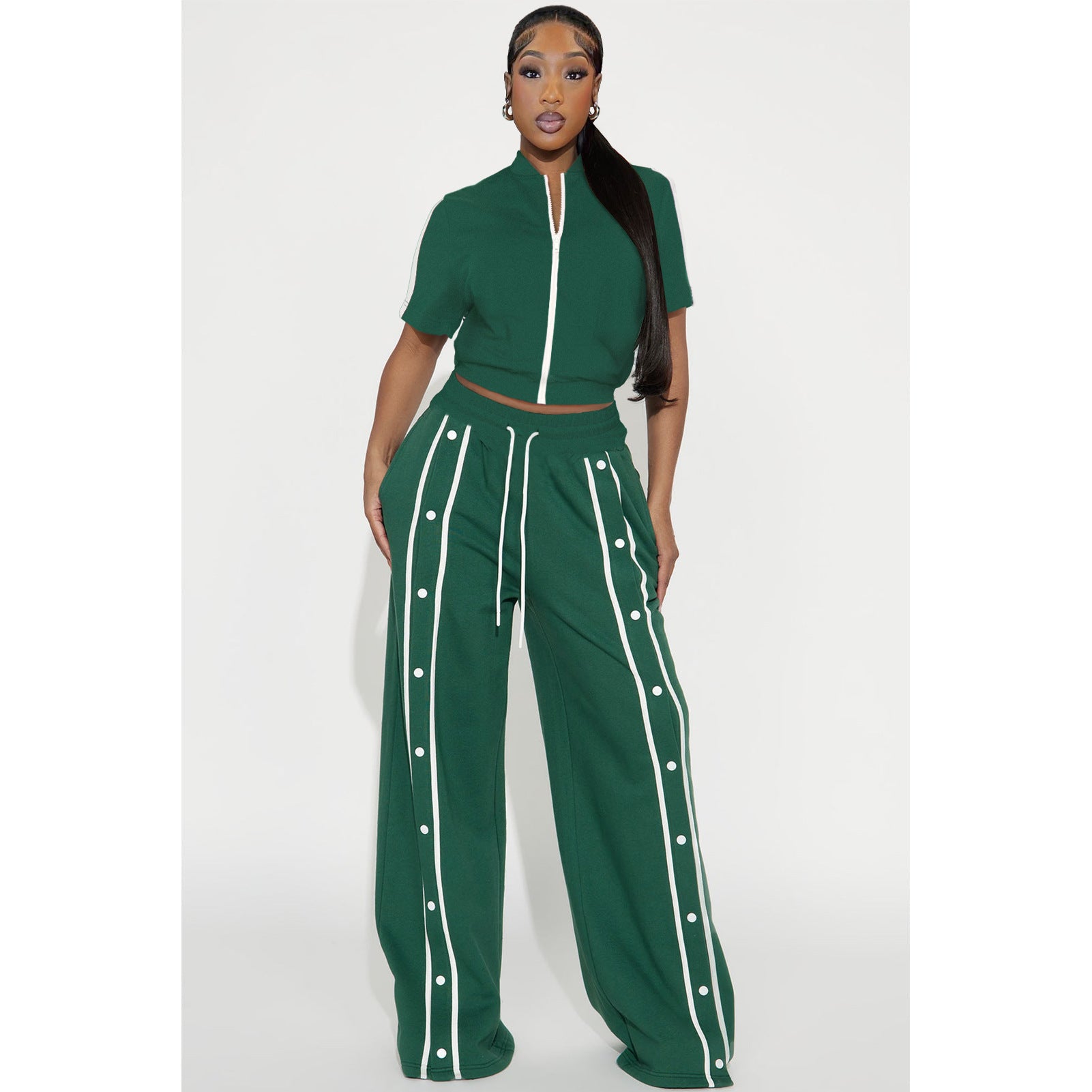 Women's Sports Two-Piece Set Buttoned Loose Pocket Wide-Leg Pants & Short Sleeve Zipper Top 8