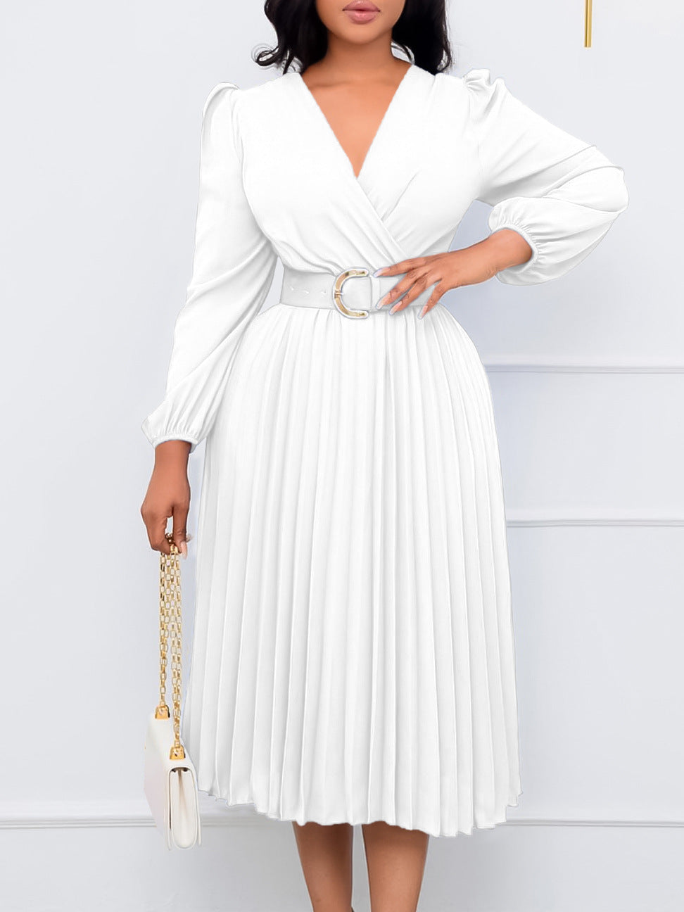 Plus Size Women Long Sleeve V-Neck Pleated Maxi Dress 6