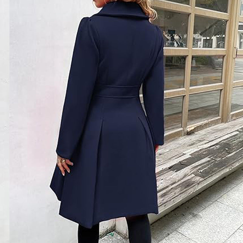 Women Fall and Winter Turndown Collar Double-Breasted Pocket Windbreaker 28