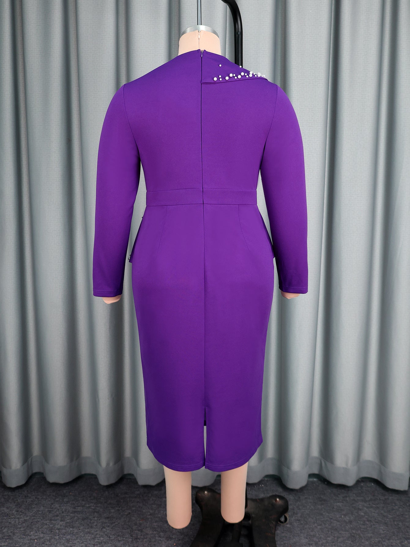 Plus-Size Women Purple V-Neck Long-Sleeve Ruffled Rhinestone Elegant Dress 4