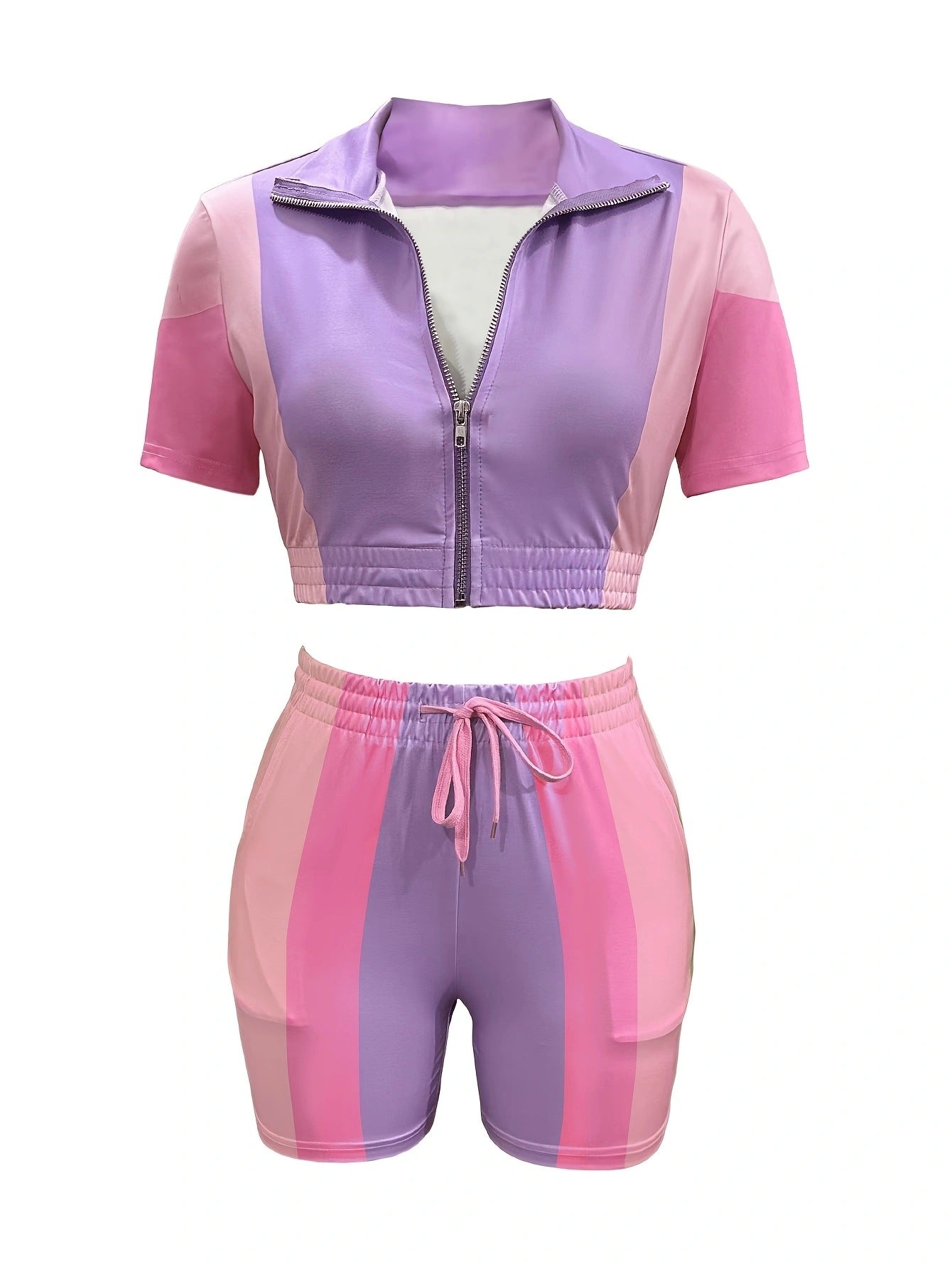 Spring and Summer Women's Zipper Elastic Short Sleeve Casual Drawstring Pocket Two-Piece Shorts Set 13