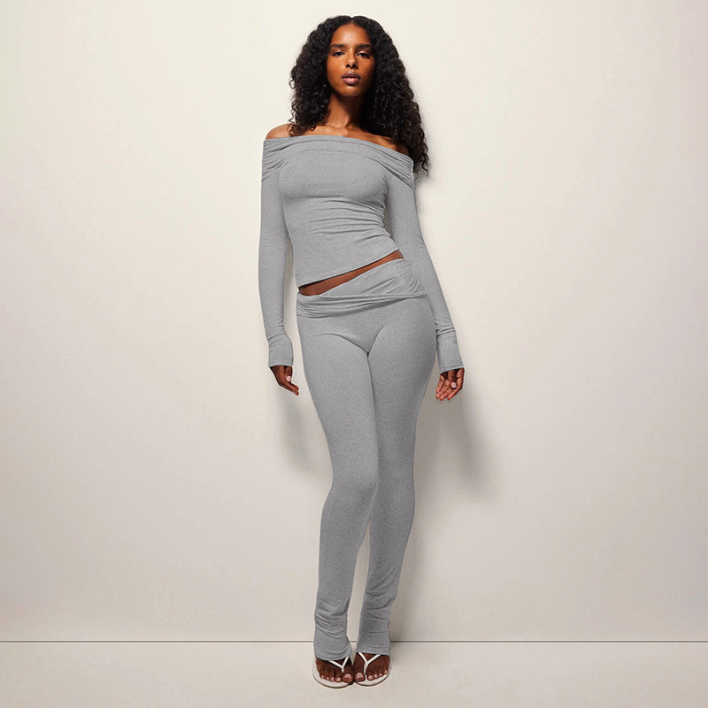 Women Casual Sporty Off-The-Shoulder Long-Sleeved Top and Pants Two-Piece Set