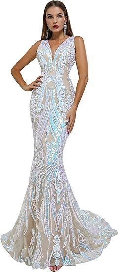 Women Sleeveless Sexy V-Neck Formal Party Sequin Evening Dress（Processing time need 3-6 days）