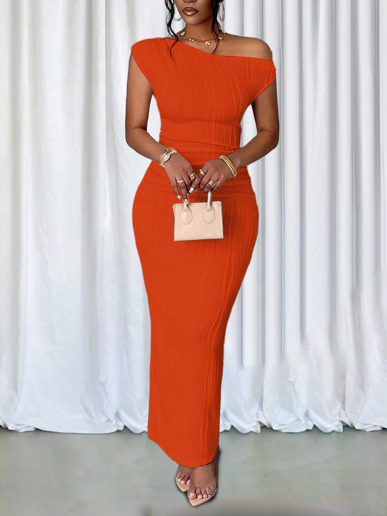 Fashion Ripple Slash Shoulder Slim Long Dress 17