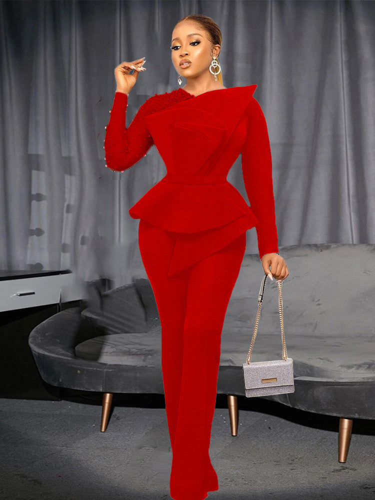 Long Sleeve Chic Mesh Patchwork Beading Slim Fit Formal Party Plus Size Jumpsuit 3