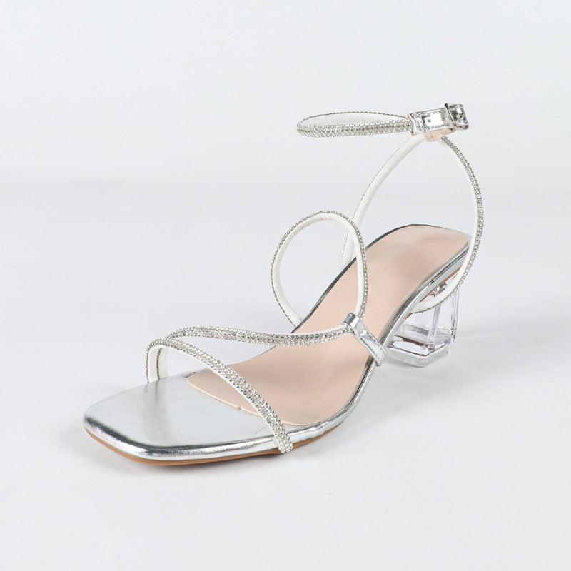 Women Clear Crystal Block-Heeled Sandals with French Rhinestone Strap Square Toe Open-Toe Heels 6