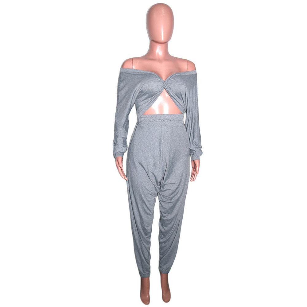 Women's Sexy Crop V-Neck Solid Color Cross Front Top Pants Two-Piece Set 4