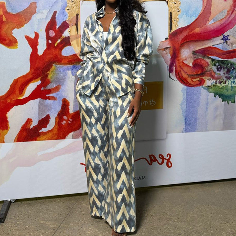 Spring Autumn African Print Long-Sleeved Shirt Trousers Two-Piece Set 3