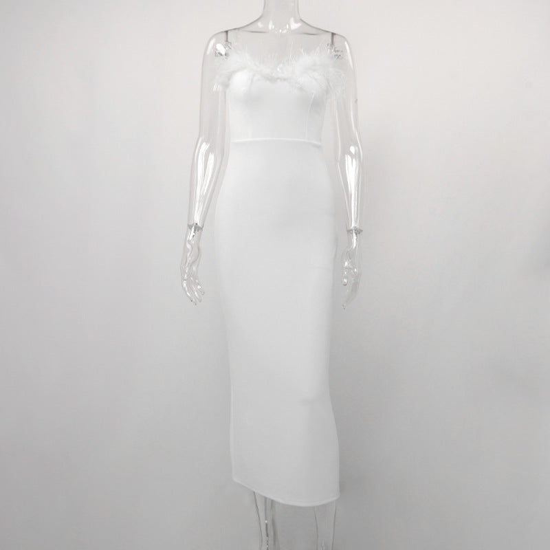 Spring Feather Deep V Sexy Tight Fitting Fashion Dress 11