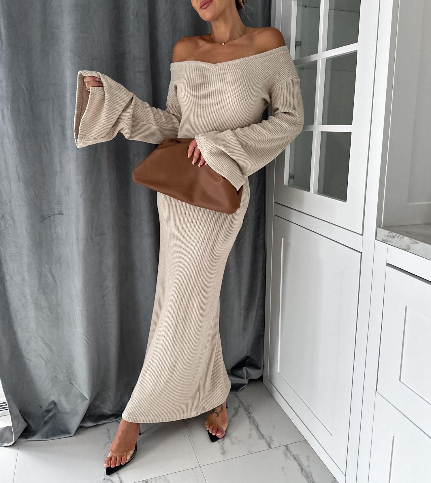 Winter and Spring knitting v-neck long sleeve Chic elegant long dress for women 9