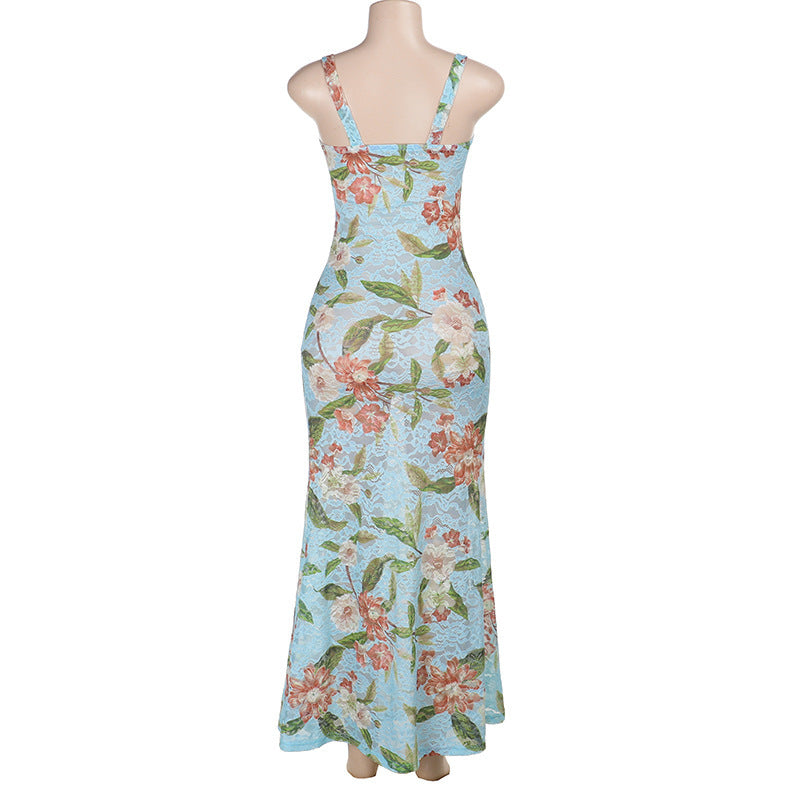 Women's Holidays Sleeveless Lace Trimmed Print Dress 8