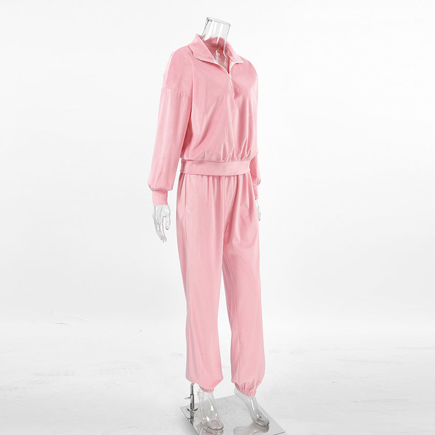 Pink Fashion Sports Suit Autumn Winter Zipper Turndown Collar Two-Piece Women Pants Set 8