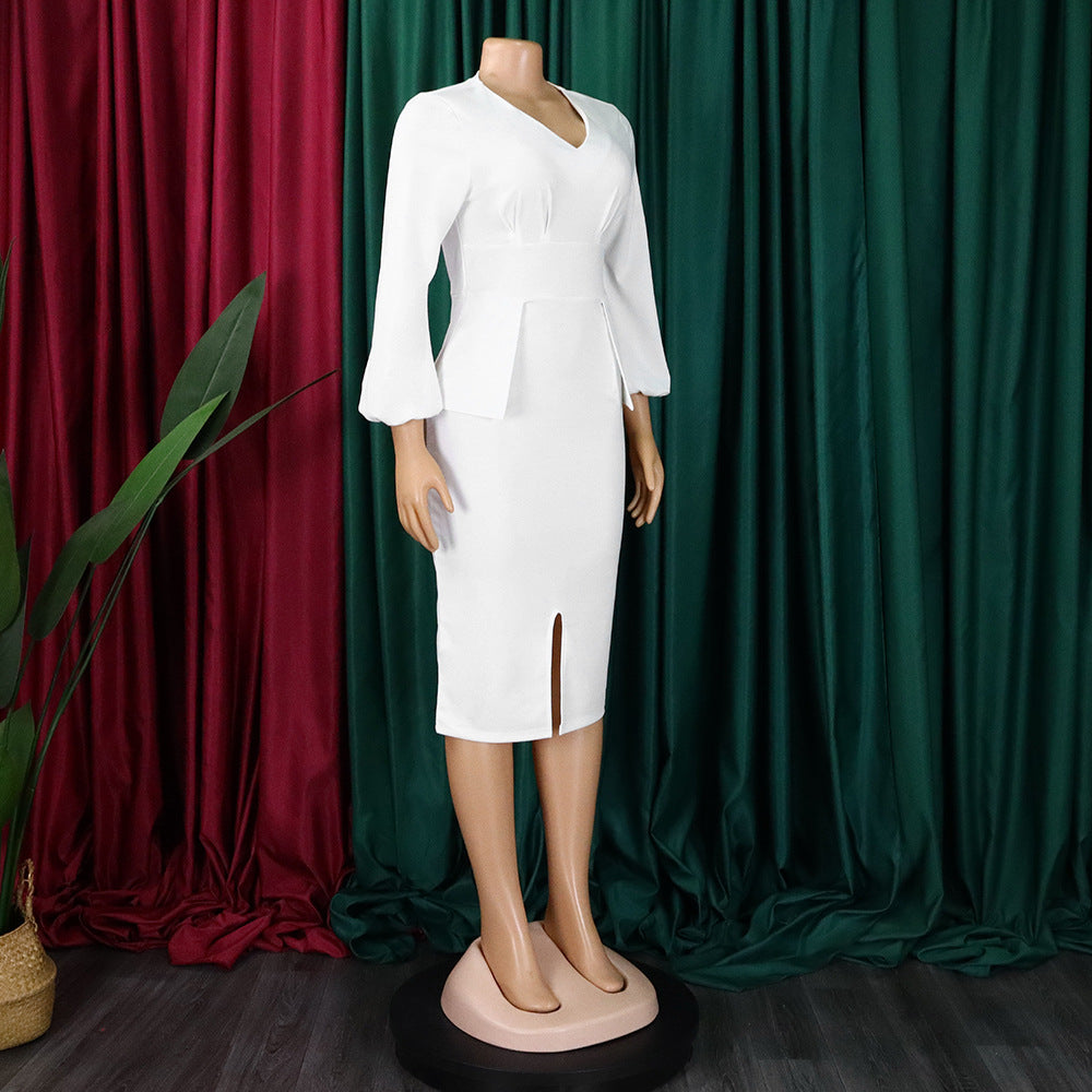 African Women v-neck puff sleeve slit dress 20